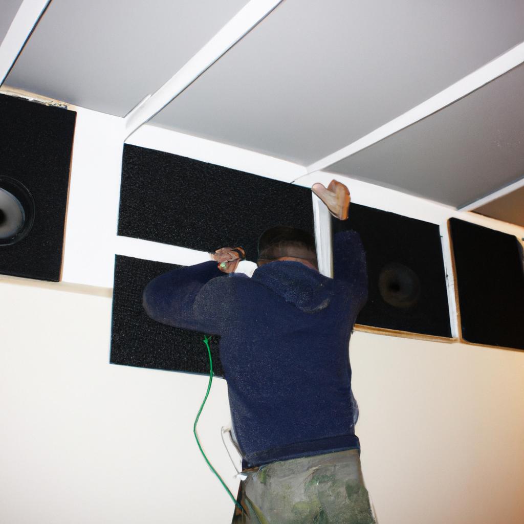 Person installing acoustic panels